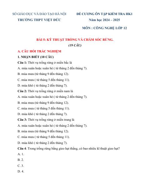 Đề cương ôn tập Học kì 1 Công nghệ Nông nghiệp 12 năm 2024–2025 trường THPT Việt Đức (Hà Nội)